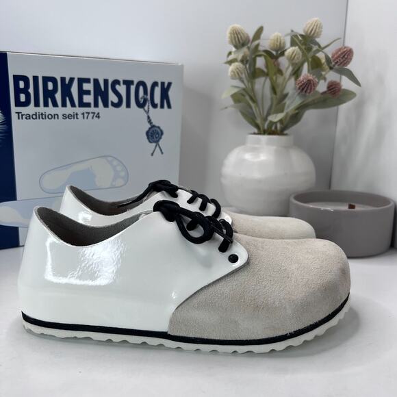 Birkenstock Maine Patent Leather Suede Shoe White Regular Fit Women 7/Men 5 NWB - Picture 3 of 10